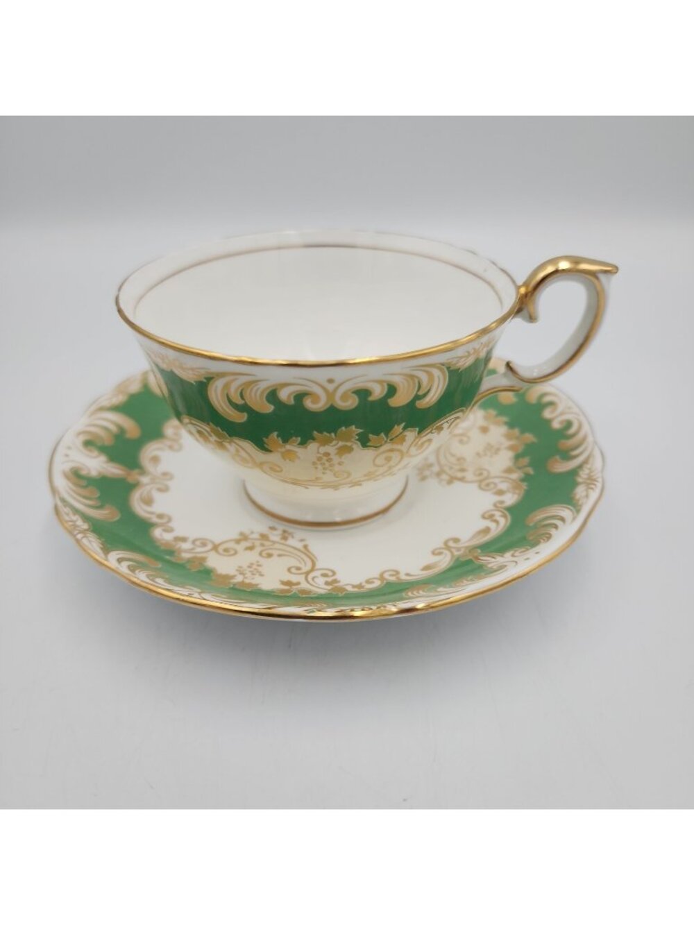 Crown Staffordshire Fine Bone China Tea Cup & Saucer Green Gold Trim